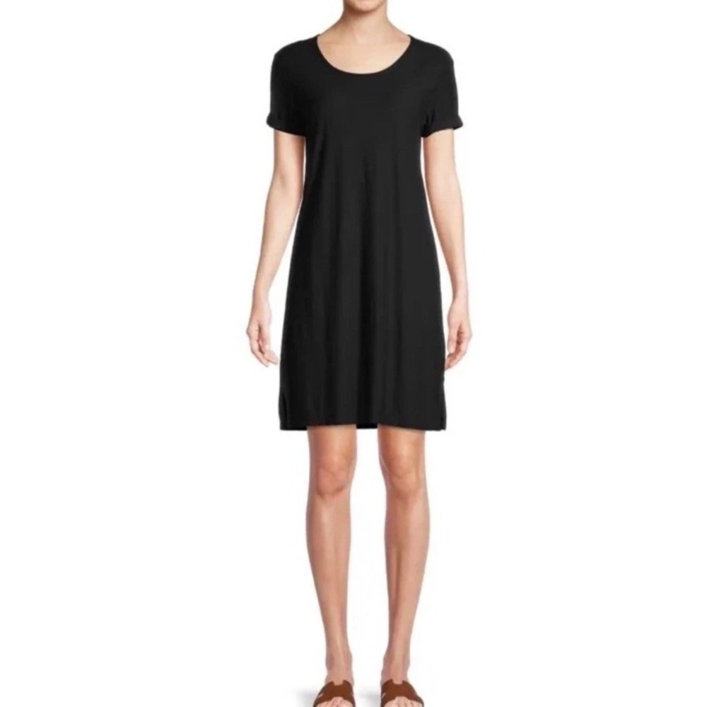 James Perse Black Cotton Modal T-shirt‎ Rolled Sleeve Scoop Neck Dress Sz 2 US M